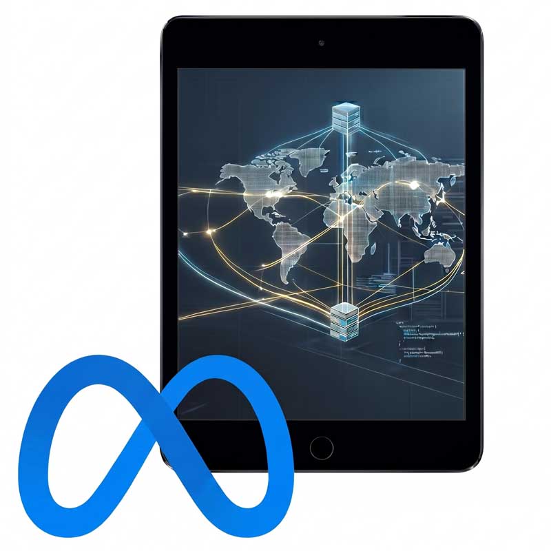 Technical 3D data visualization of a global network and servers on a digital tablet, representing scalable multi-channel distribution systems.