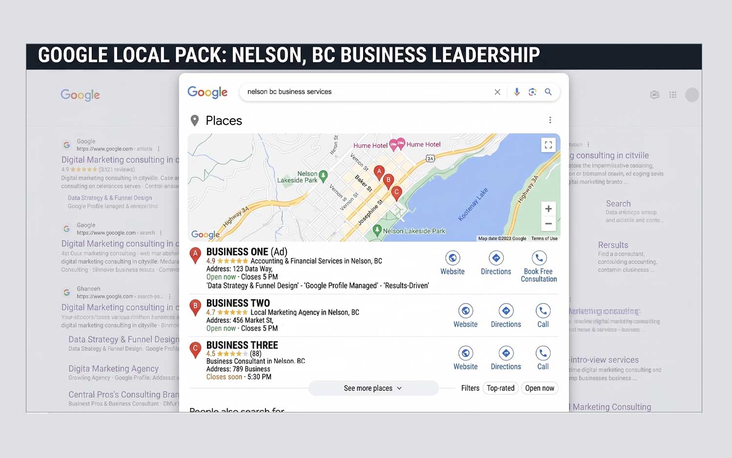 Strategic representation of a Google Local Pack for Nelson, BC, showcasing optimized business listings and local search algorithm alignment.
