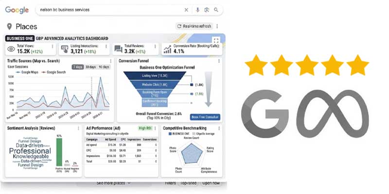 An advanced Google Business Profile analytics dashboard showing conversion funnels, review sentiment analysis, and search interaction metrics.